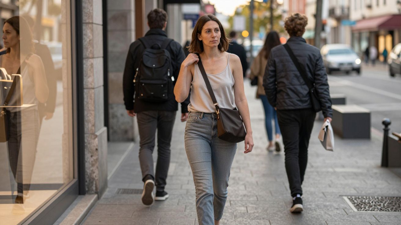 Woman walking on a city street, carrying a bag, with people and cars in the background.