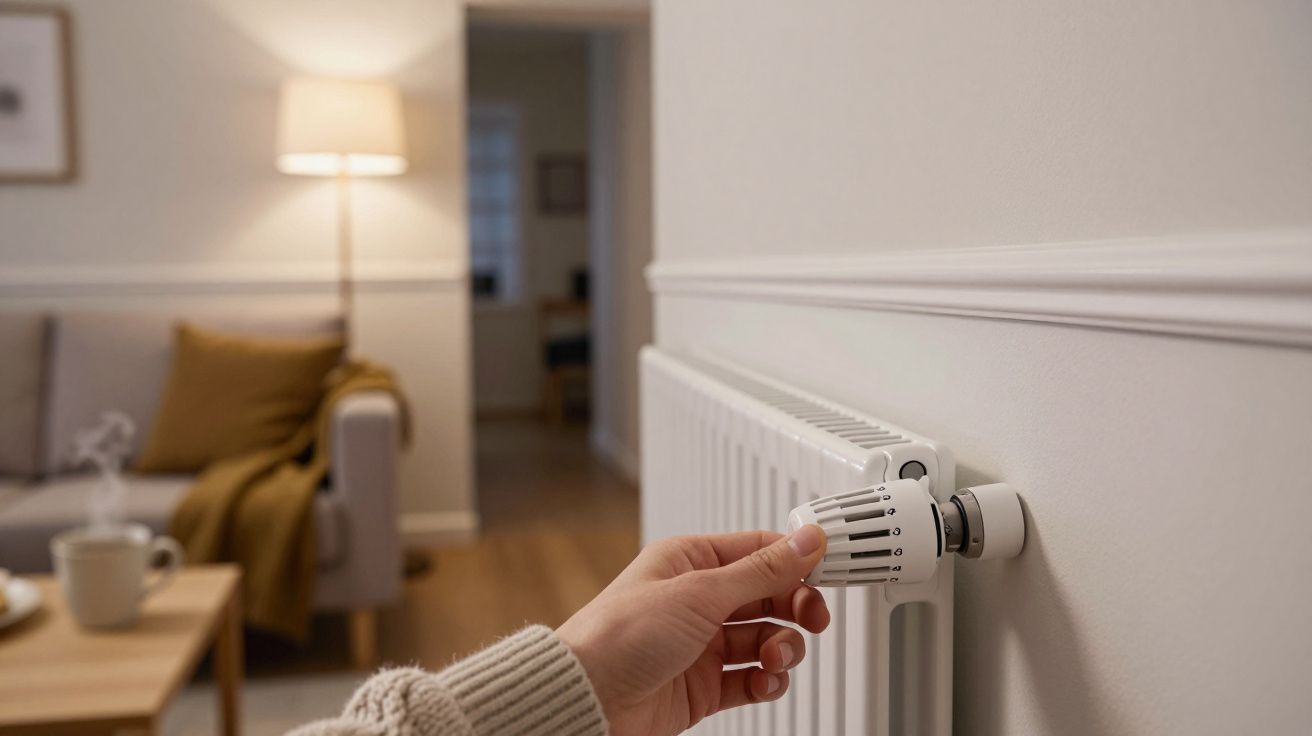 Hand adjusting radiator temperature dial in a cosy living room with a sofa and lamp in the background.