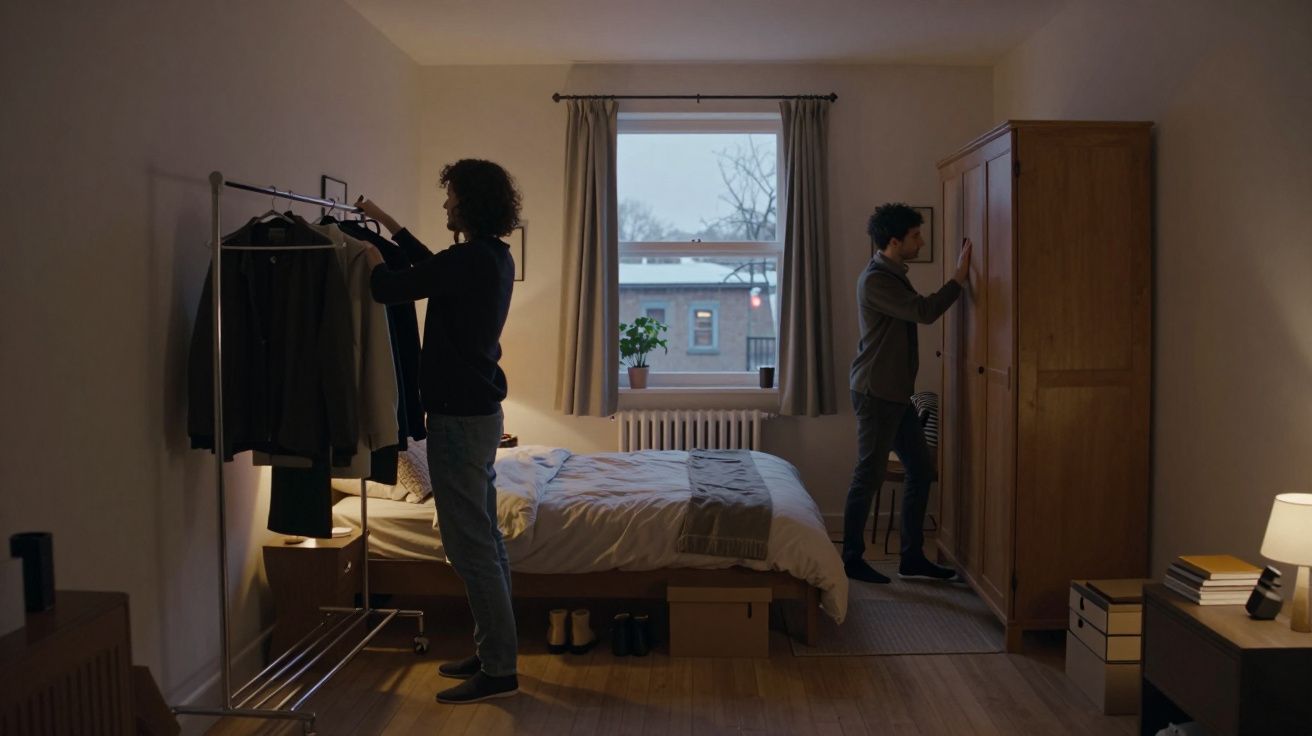 Two people organise clothes in a cosy bedroom with a bed, wardrobe, and window.