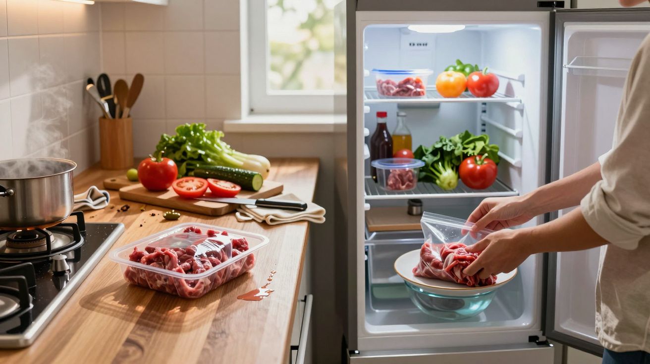 Person placing meat in a fridge, with vegetables and cooking utensils on a kitchen counter.