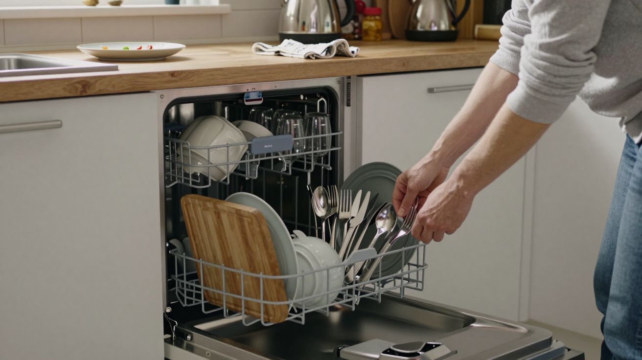 Person loading a dishwasher with plates, bowls, and cutlery in a modern kitchen.