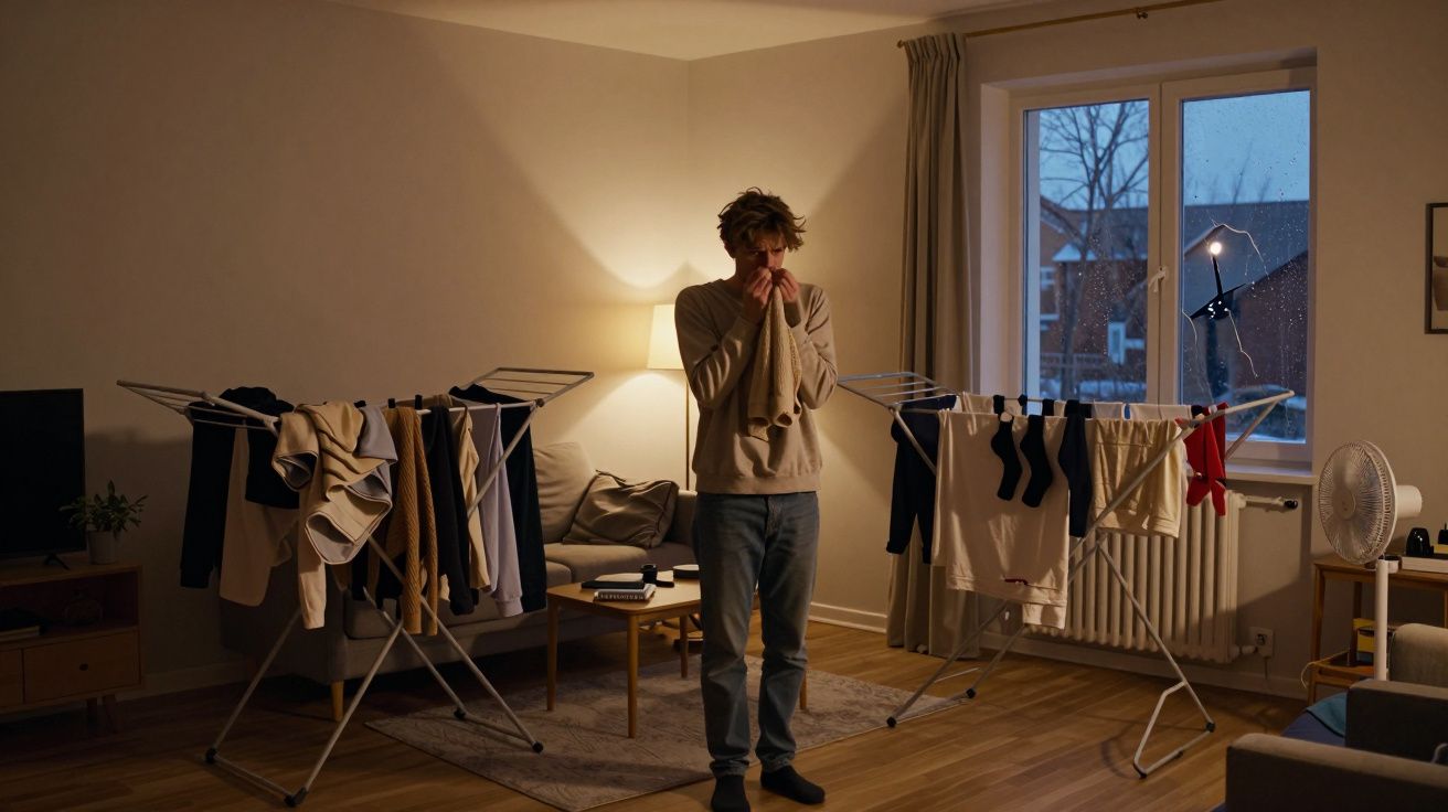 Person standing in a dimly lit room with drying racks filled with clothes, near a window showing a snowy evening scene.
