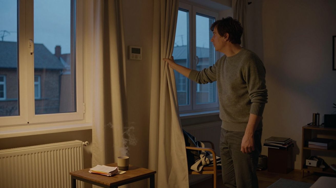 Man in grey jumper looks out of a window in a softly lit room, with a steaming mug and papers on the table beside him.