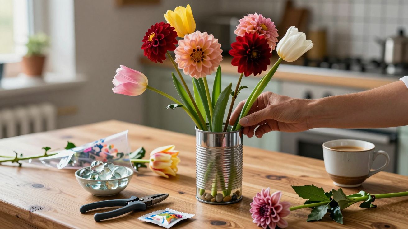 Hand arranging colourful flowers in a tin can vase on a kitchen table with tools and a cup.