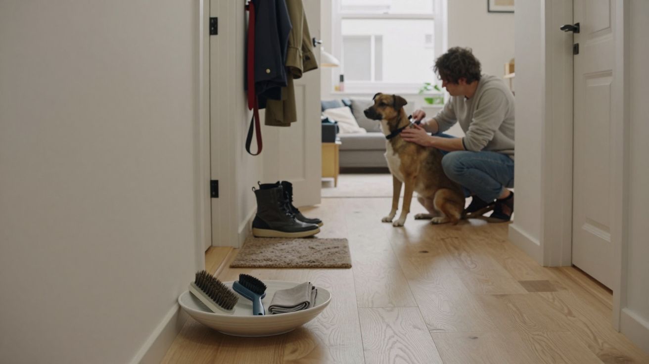 A man kneels to pet a dog in a hallway with a coat rack and shoes, light streaming through a window in the background.
