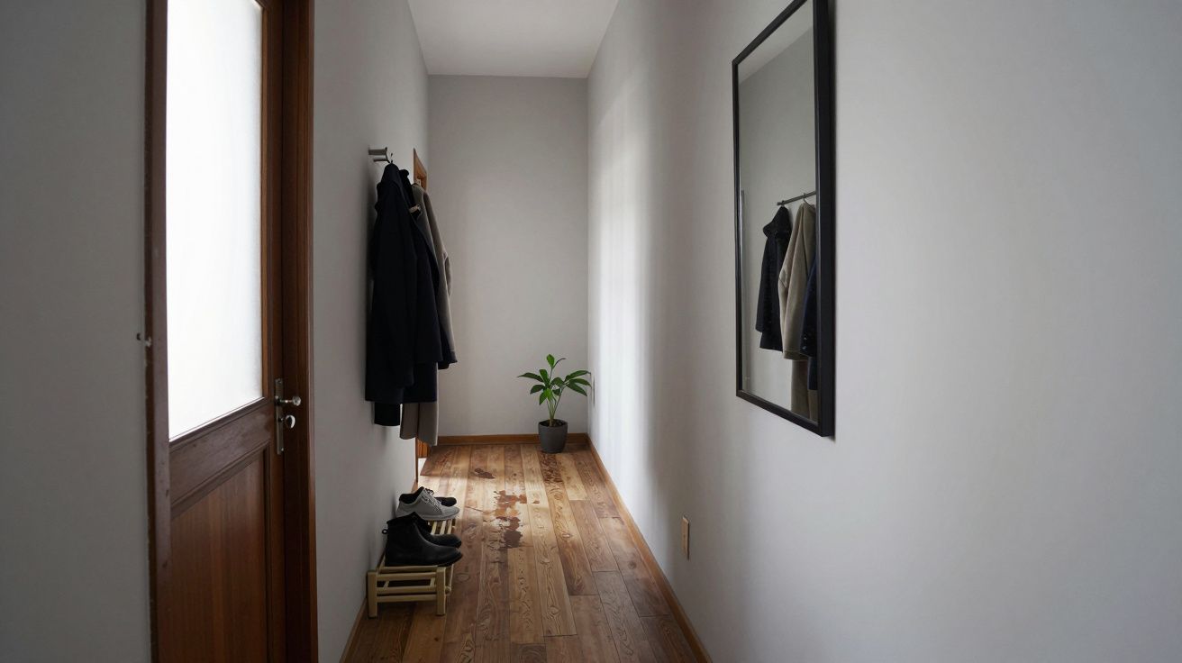 Narrow hallway with a wooden floor, coats on hangers, a plant at the end, and a large mirror on the right wall.