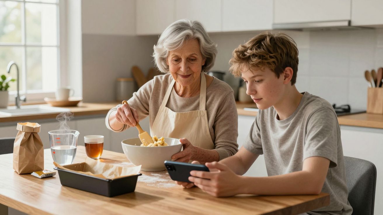 Elderly woman and boy in kitchen, woman mixing ingredients in bowl, boy looking at smartphone.