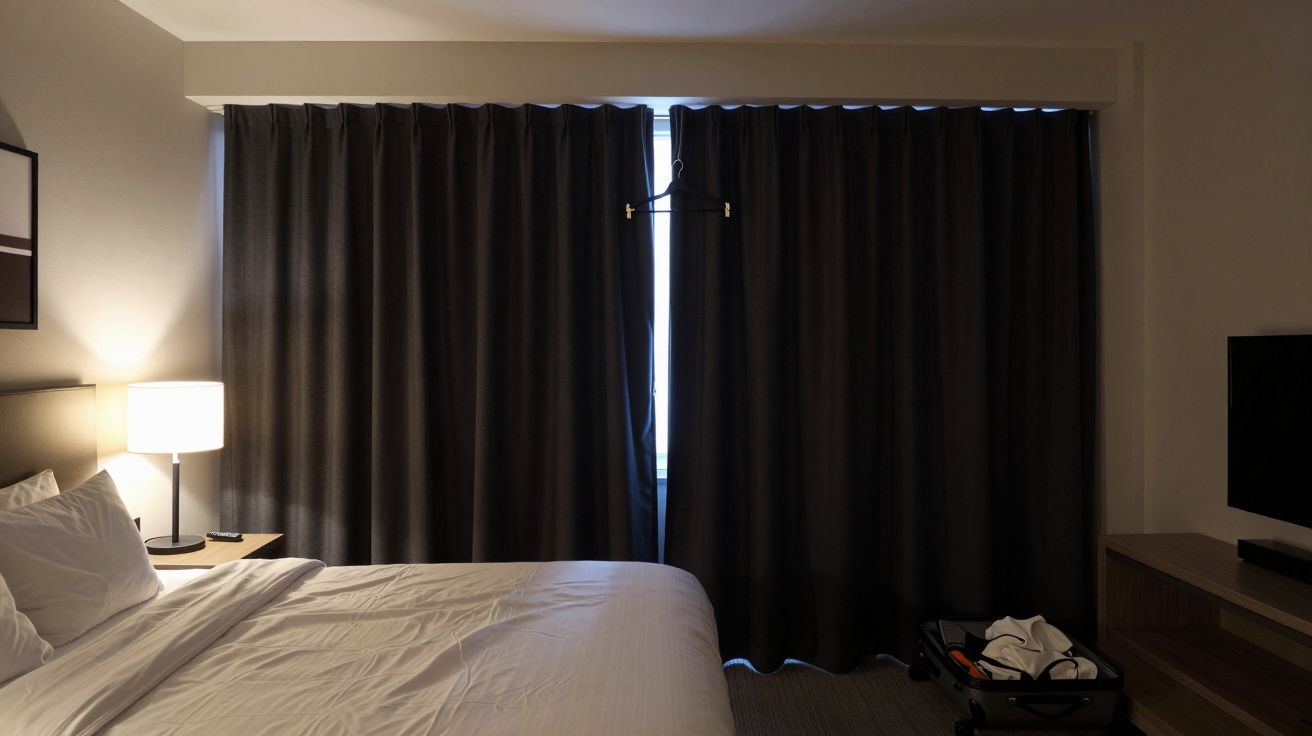 Hotel room with a bed, bedside lamp, drawn dark curtains, and clothing on a luggage rack.