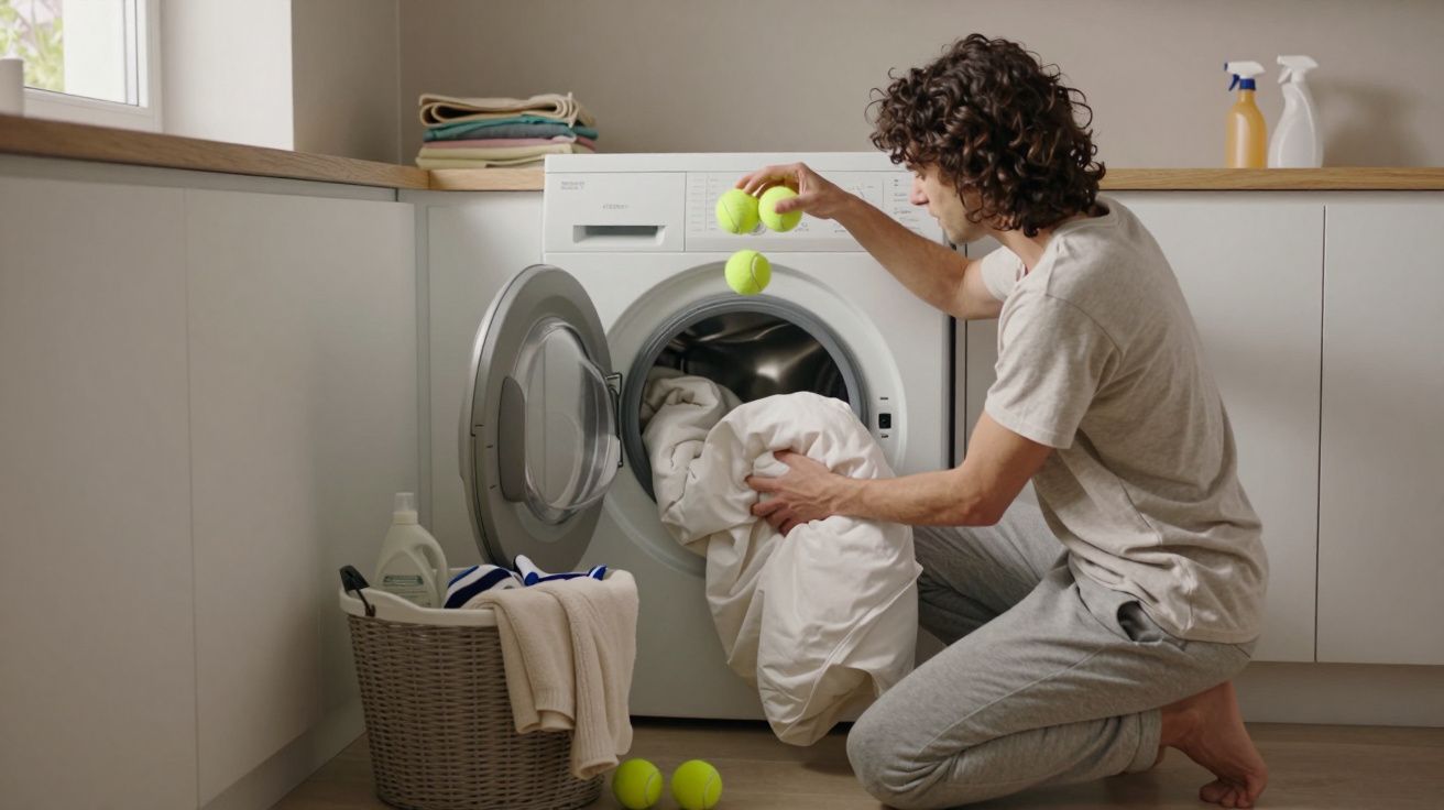 Man kneeling beside washing machine, placing tennis balls with white laundry inside. Basket and detergent nearby.