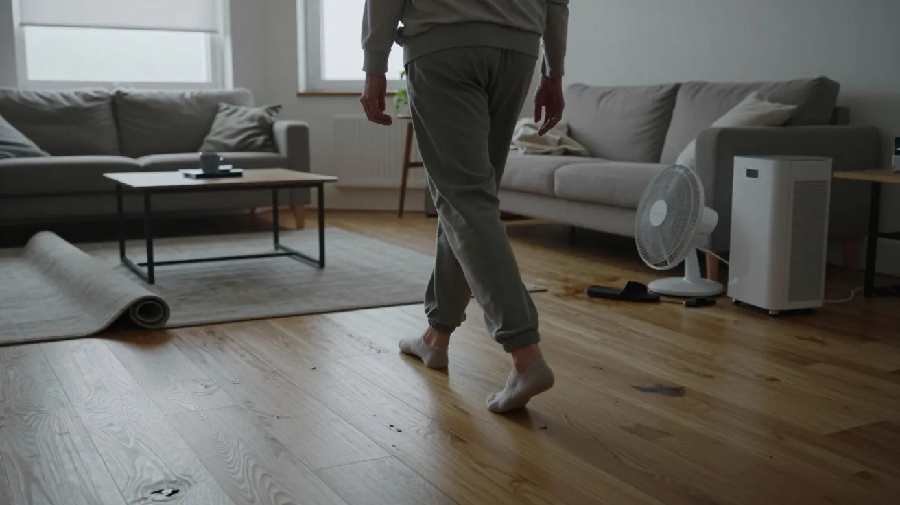 Person walks on wooden floor in a living room with grey sofas, fan, and rolled-up rug by the window.