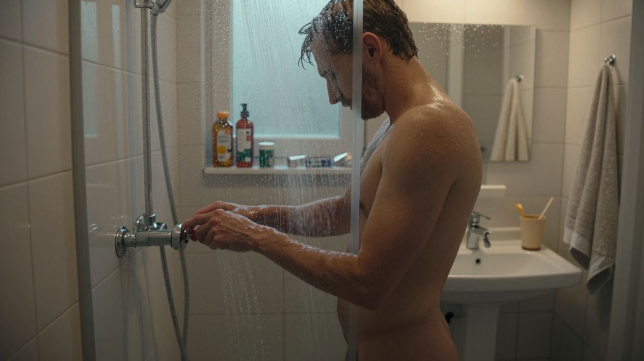 Man adjusting shower controls in a bathroom with toiletries on a shelf, sink, and towels on the wall.