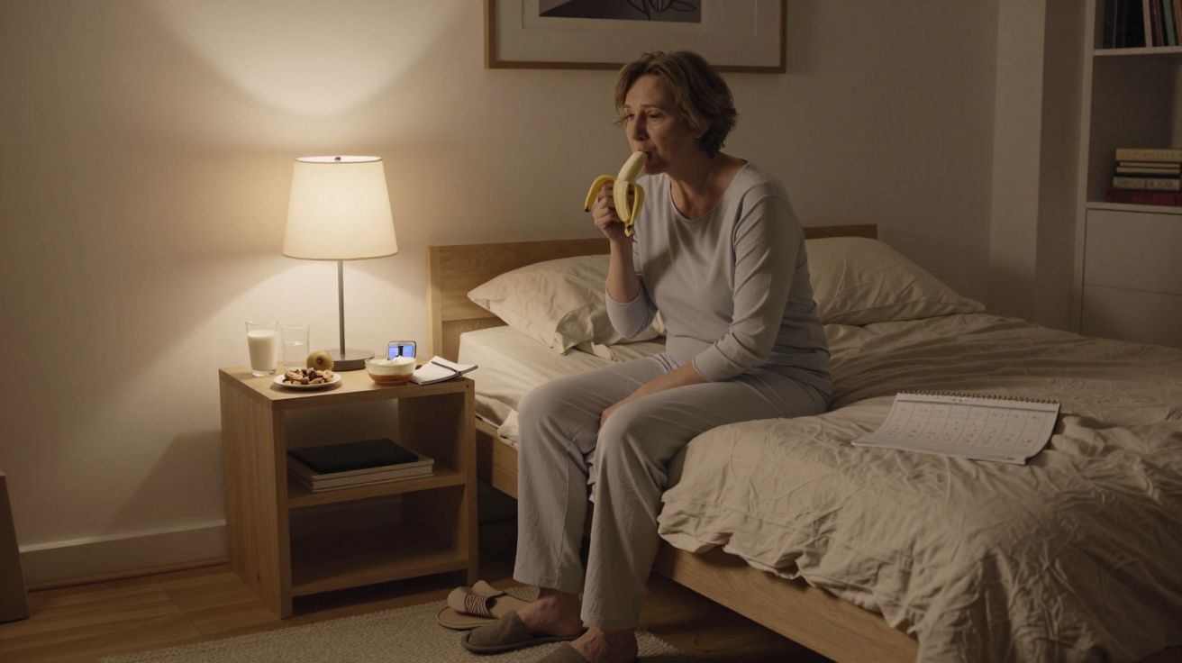 Woman in pyjamas sits on bed eating a banana, with a lamp and clock on bedside table in a softly lit room.