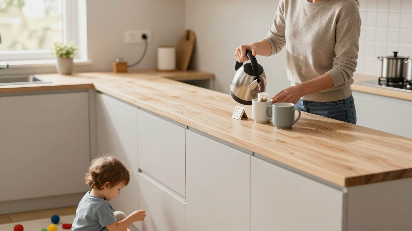 Person pours hot water into mug on kitchen counter while child plays on the floor with toy blocks.