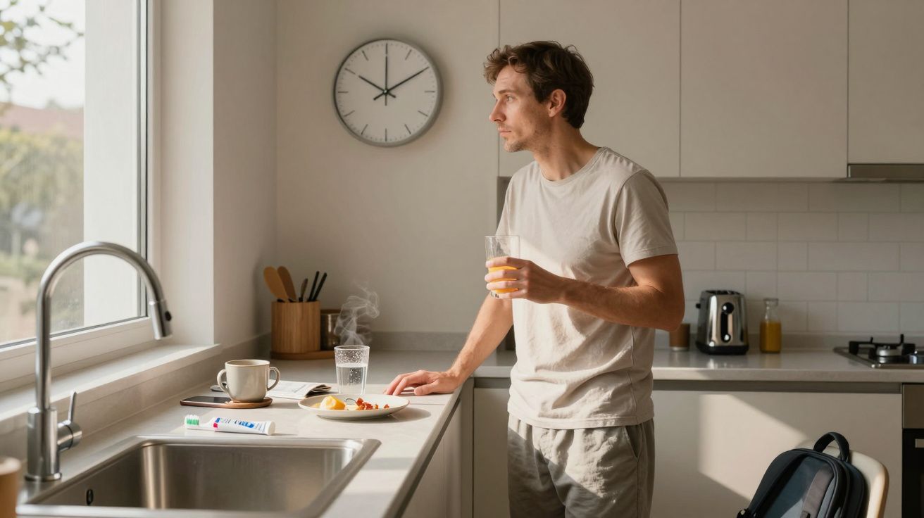 Man in a kitchen, holding a glass of juice, looking out of the window in the morning light, with breakfast on the counter.