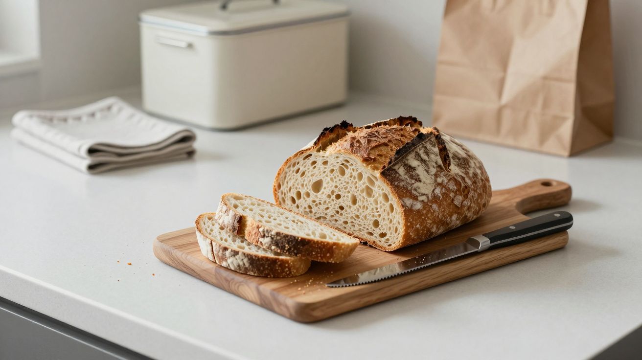Sliced sourdough bread on a wooden board with a knife on a white kitchen counter.