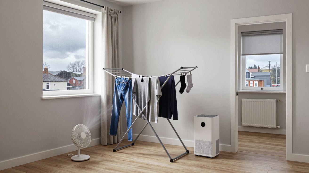 Laundry drying on a rack indoors near a window, wooden floor, fan, and dehumidifier present.