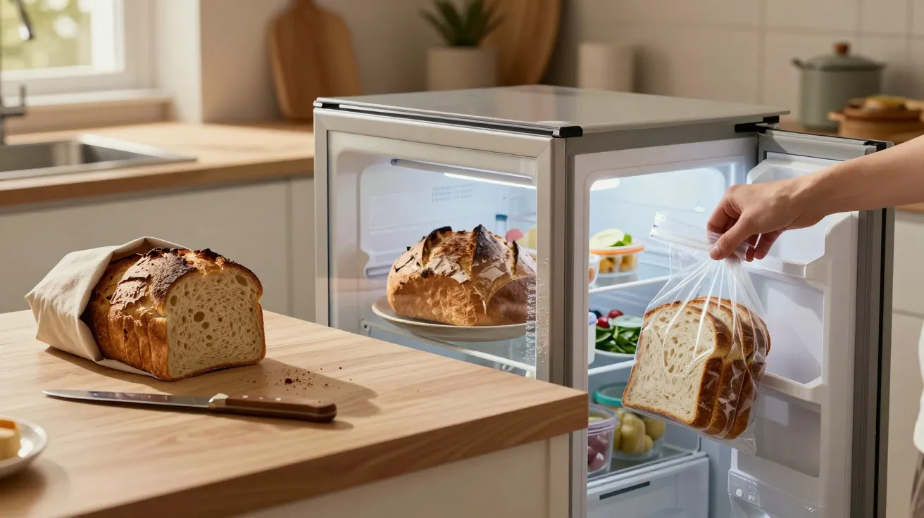 Person placing sliced bread into a small fridge with a loaf of bread on the counter beside a knife.