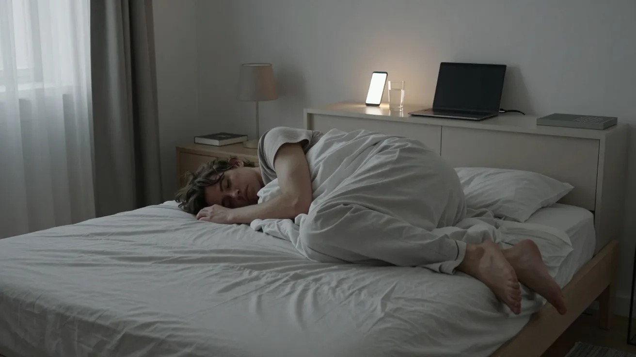 Person sleeping in a dimly lit bedroom, curled up under white sheets, with a bedside table, lamp, phone, and laptop nearby.