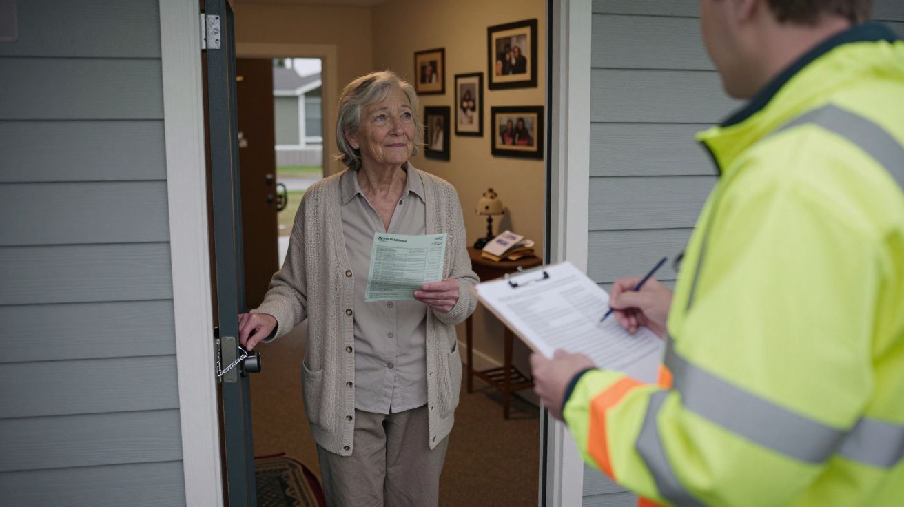 Elderly woman at door holding paper, speaking to person in high-visibility jacket with clipboard outside a home.