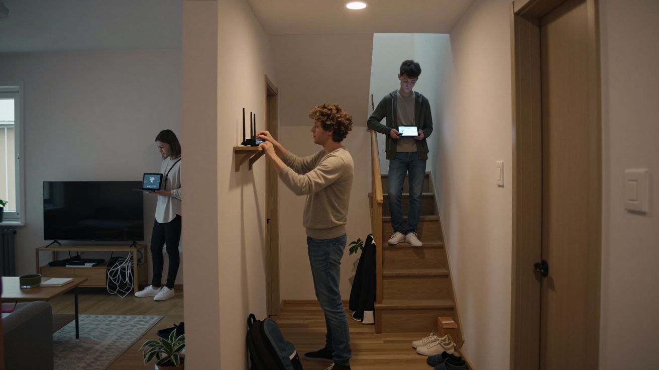 Three young people using electronics in a modern living area with stairs, including a TV, laptop, and tablet.