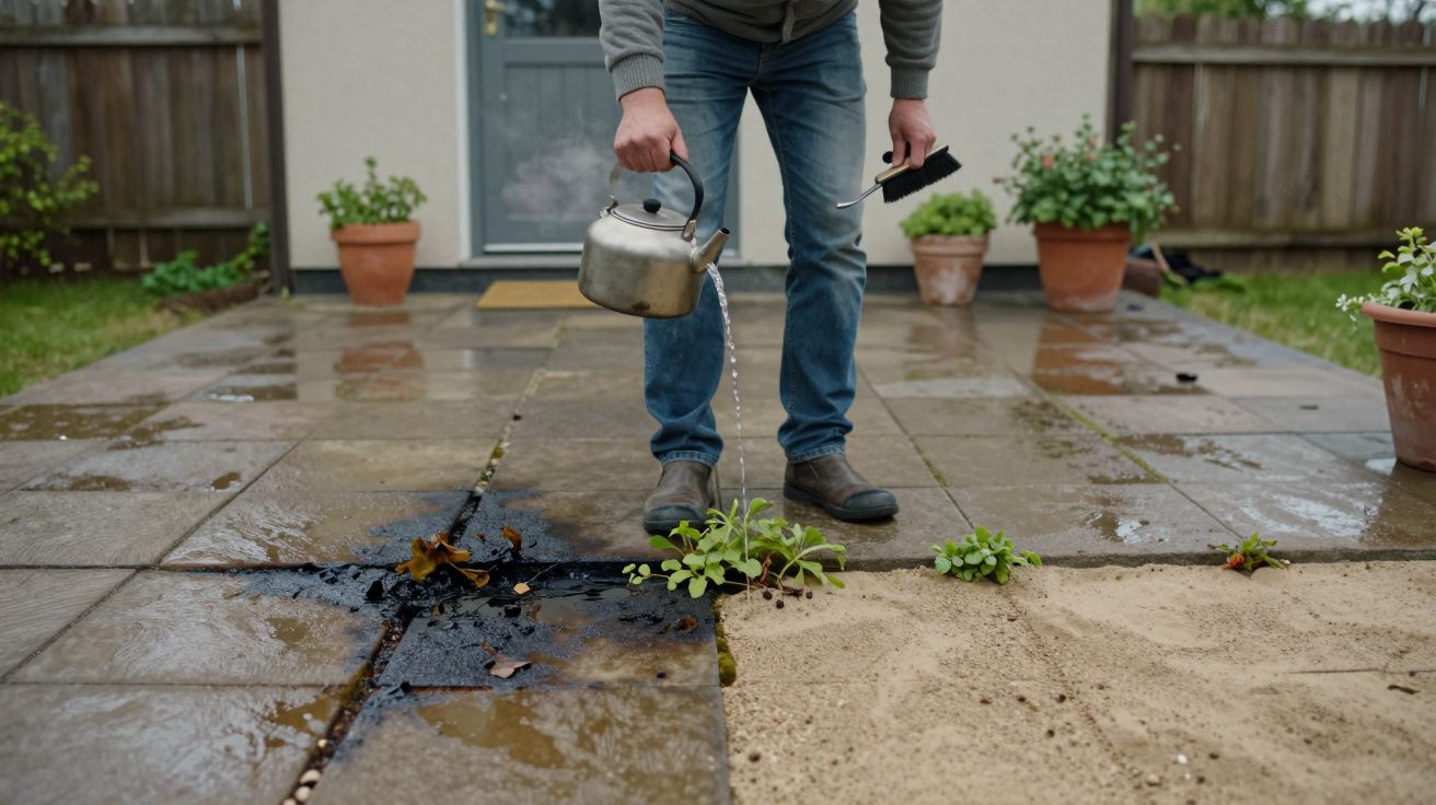 Person pouring hot water from a kettle onto weeds growing between patio slabs.