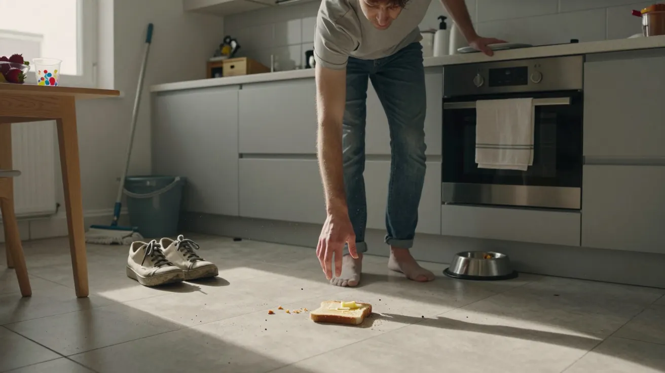Person reaching for buttered toast on kitchen floor, with shoes and mop nearby.