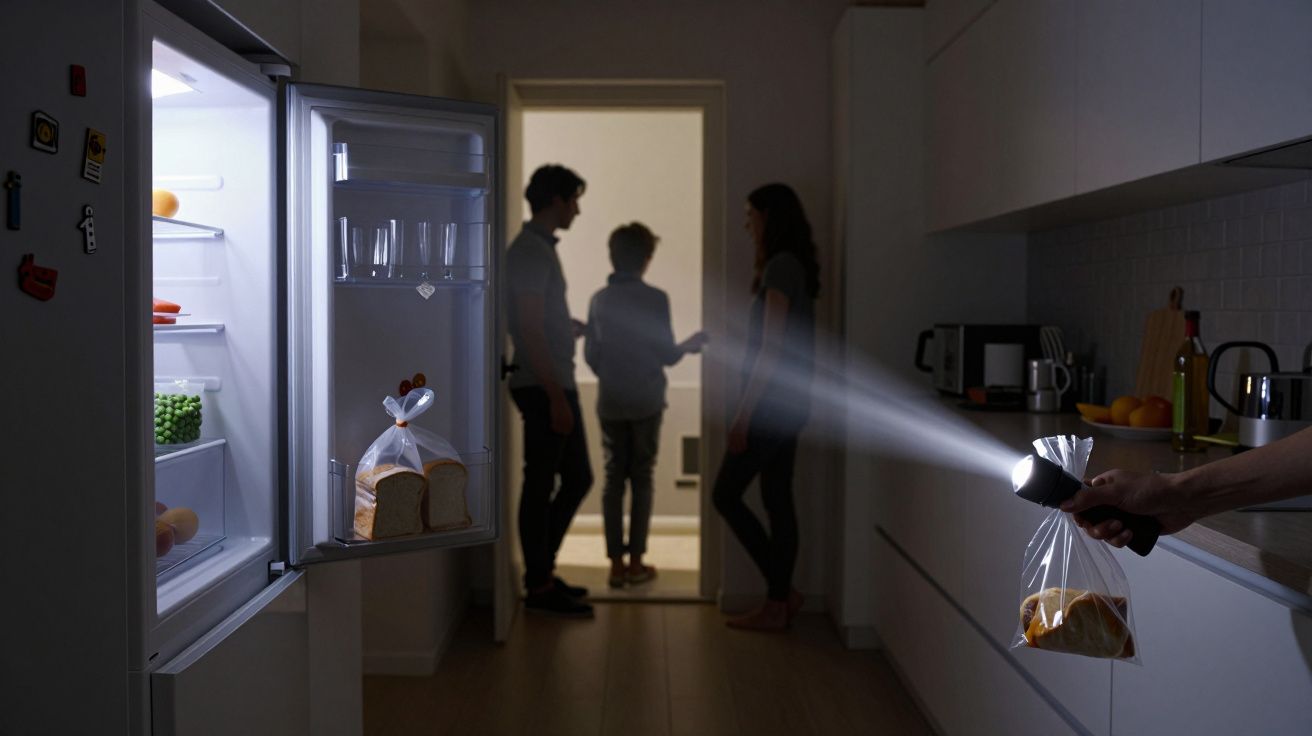 A dimly lit kitchen with a fridge open, a hand holding a torch and bread, and silhouettes of three people in the background.