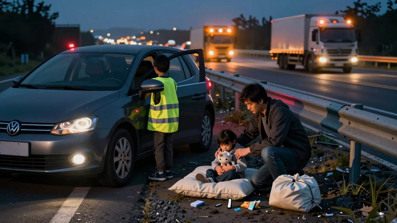 A man tends to two children near a broken-down car on a motorway at night, with lorries passing by.