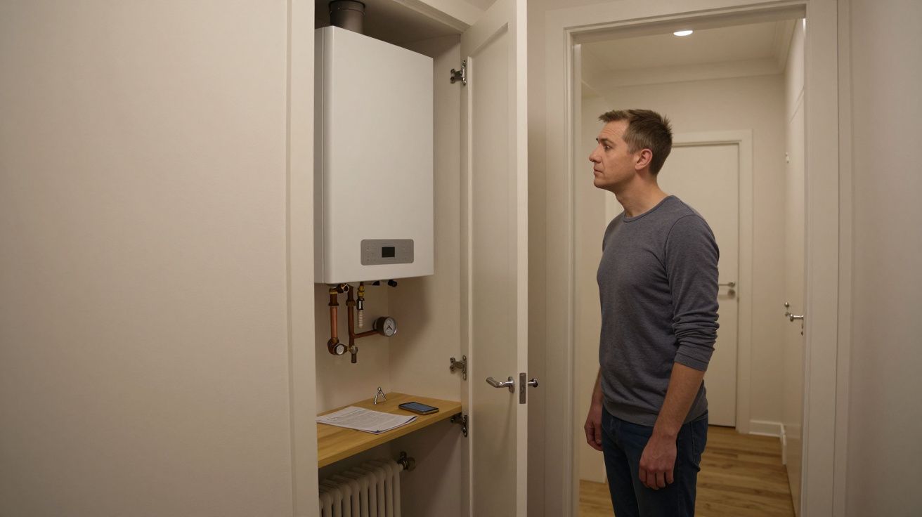 Man observing a boiler inside a cupboard in a modern hallway.