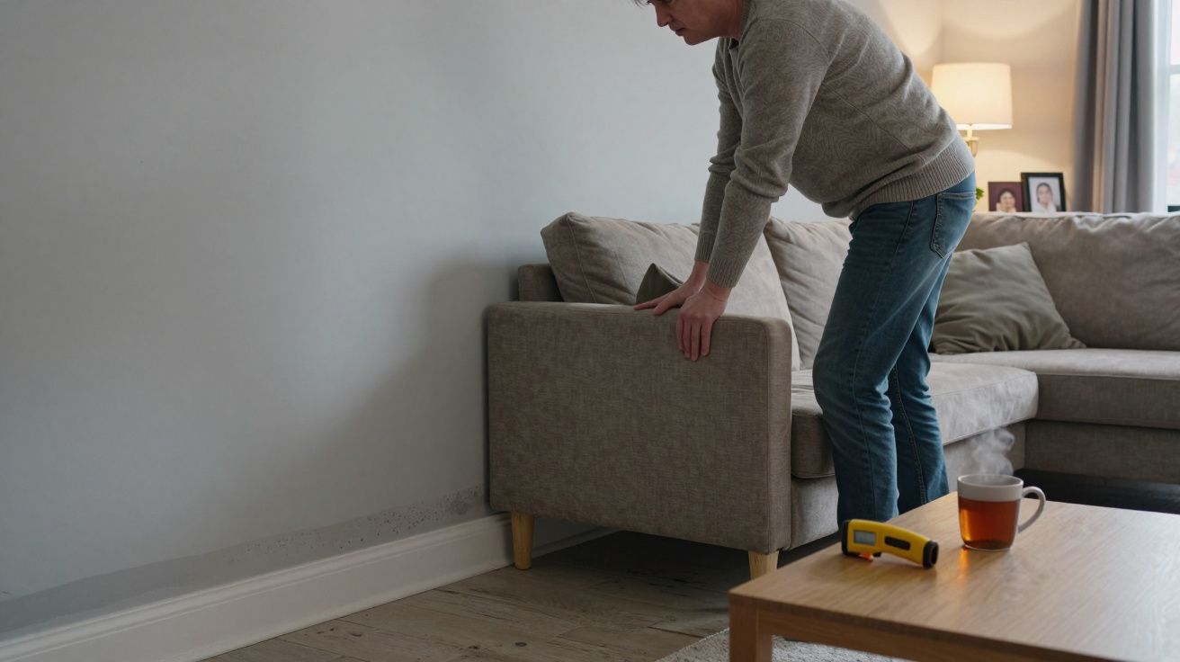 A person inspecting damp patches on a living room wall behind a sofa, with a cup and a yellow device on a coffee table.