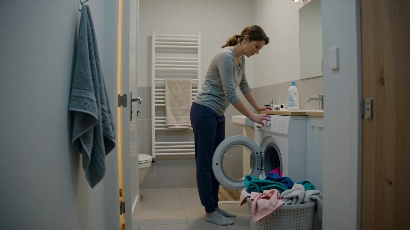 Woman in grey top and blue trousers loading laundry into a washing machine in a bathroom with a towel radiator.