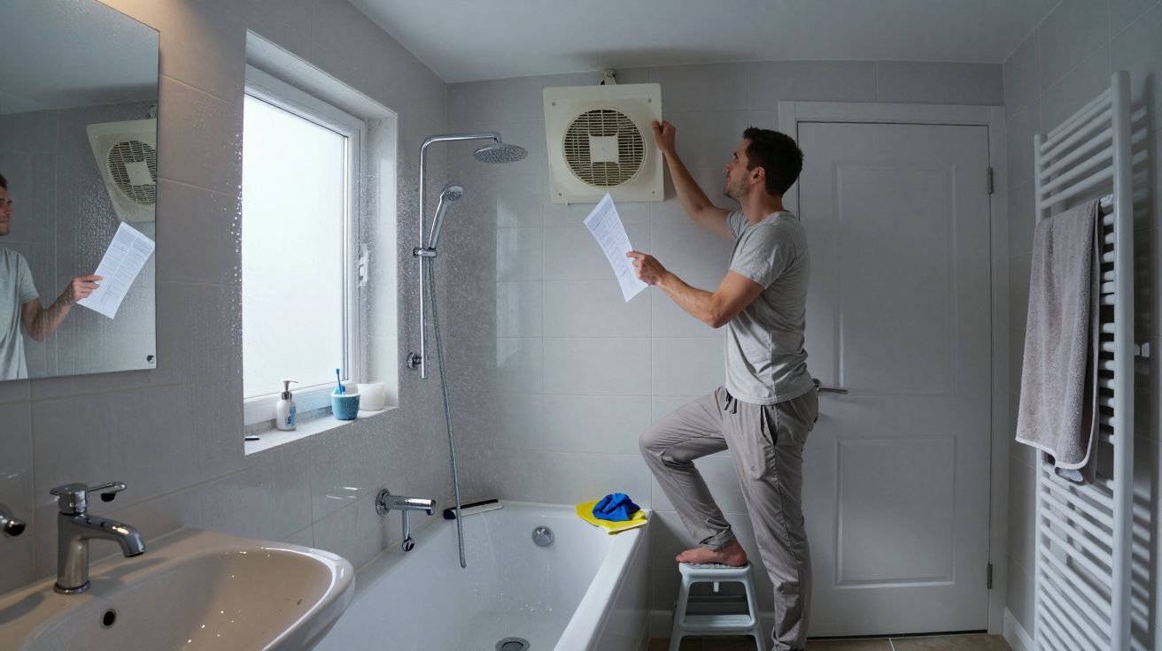 Man standing on stool, reading instructions, fixing bathroom extractor fan, modern white bathroom with bath and mirror.