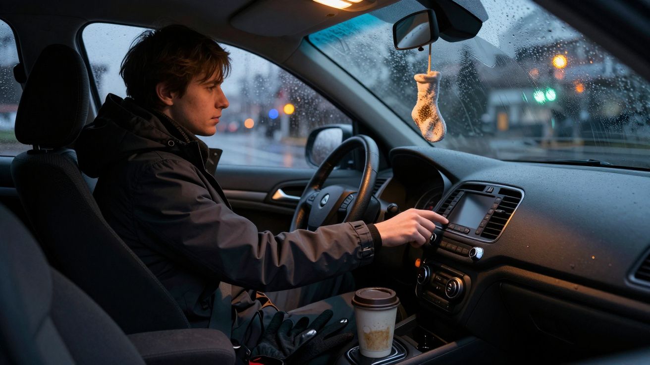 Person adjusting radio in a parked car with rain on the window and a coffee cup in the holder.