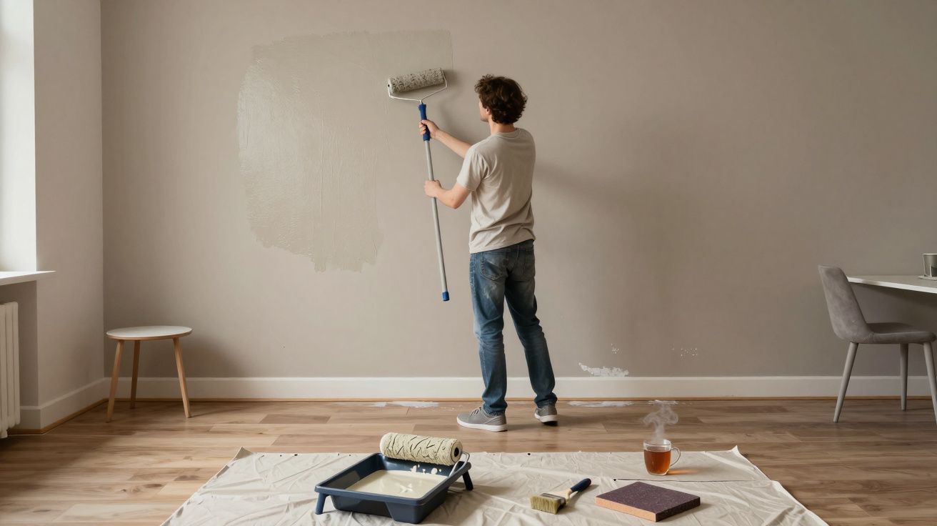 A person paints a wall with a roller in a room, with a drop cloth, paint tray, and hot drink on the floor.