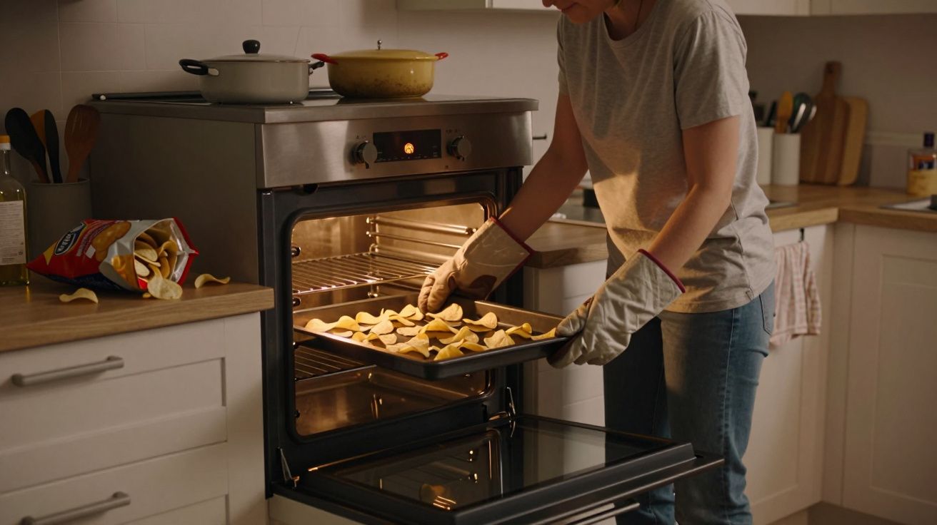 Person placing a tray of crisps into an open oven in a modern kitchen.
