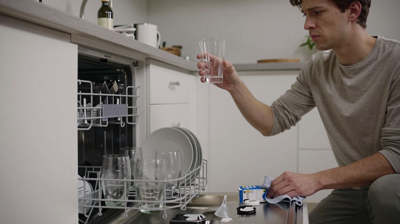 Man inspecting a glass from a dishwasher in a modern kitchen.