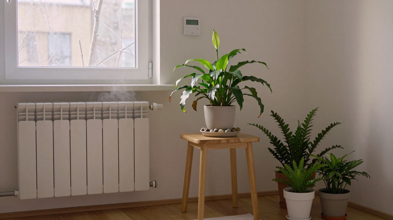 Room corner with window, radiator, and three potted plants on wooden floor and table.