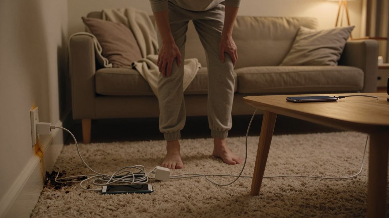 Person standing over tangled cables on a carpeted floor, near a sofa and coffee table, with devices charging.