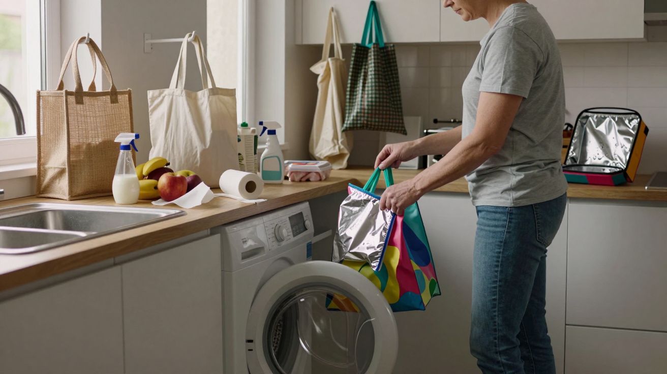 Person in kitchen with reusable shopping bags, groceries, and cleaning products near a washing machine.