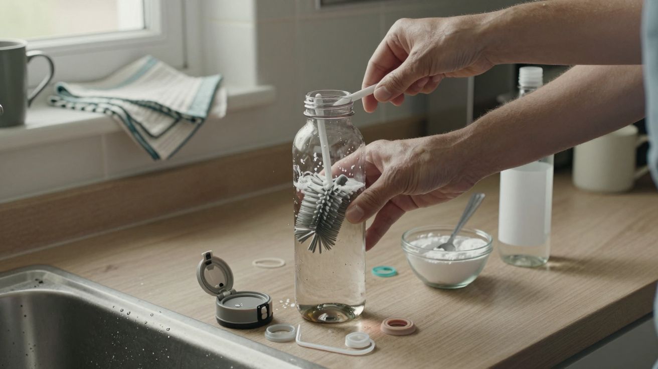 Person cleaning a bottle with a brush on a kitchen counter near a sink, alongside cleaning supplies and a cloth.