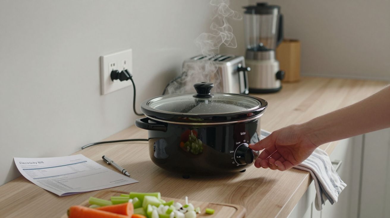 A person adjusts a slow cooker knob on a wooden counter with chopped vegetables and a bill in view.