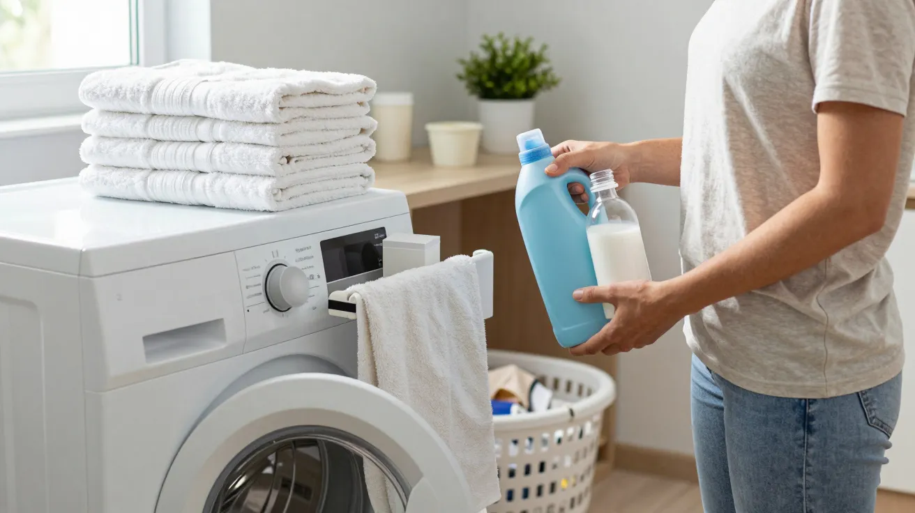Person adding detergent to washing machine, with folded towels on top and laundry basket in background.