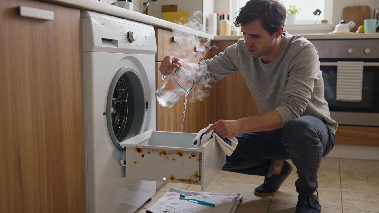 Man pouring hot water into a washing machine tray in a modern kitchen.